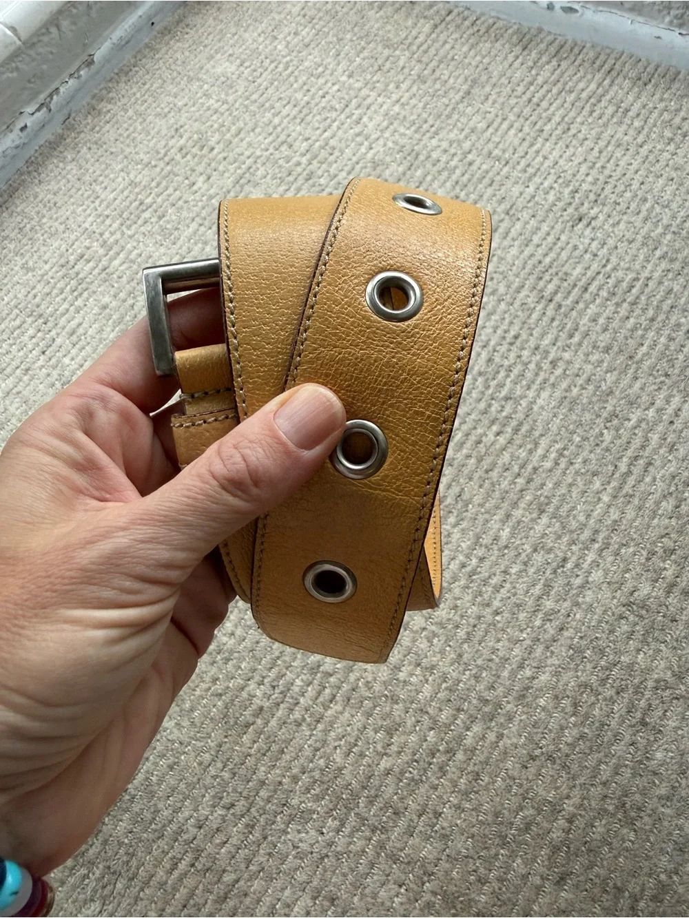 Prada Tan Leather Wide Belt with Silver-Tone Buckle